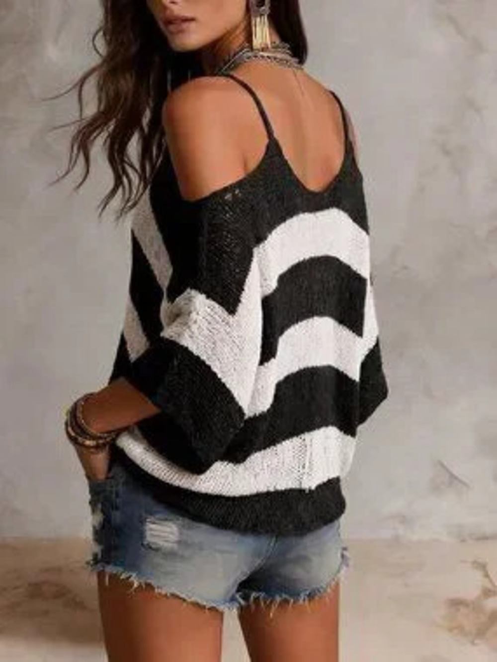 Black and White Oversized Casual Women's Cold Shoulder Pointelle knit pullover